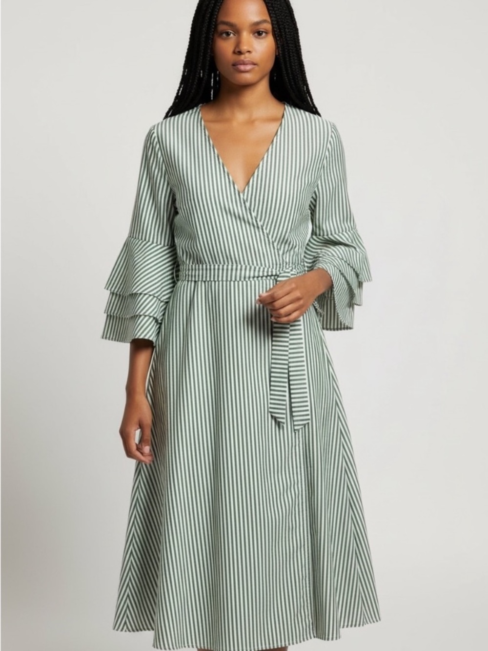 Calvin Klein Green and White Stripe Wrap Midi Dress